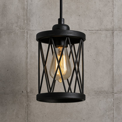 LNC Modern Industrial Brushed Black Lantern Cage Pendant Light Kitchen Island 1-Light Hanging Lamp with Cylinder Metal Shade