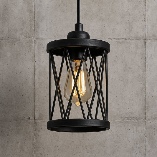 LNC Modern Industrial Brushed Black Lantern Cage Pendant Light Kitchen Island 1-Light Hanging Lamp with Cylinder Metal Shade