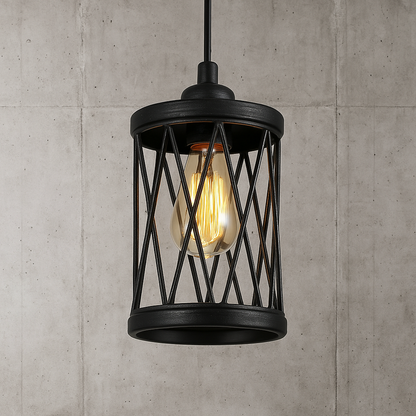 LNC Modern Industrial Brushed Black Lantern Cage Pendant Light Kitchen Island 1-Light Hanging Lamp with Cylinder Metal Shade