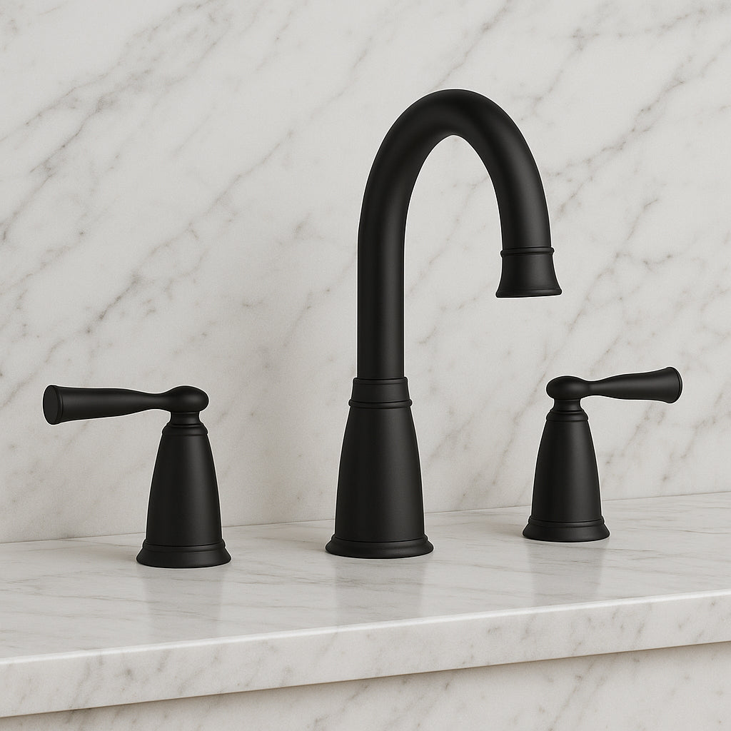 Banbury 8 in. Widespread Double-Handle High-Arc Bathroom Faucet with Drain Kit and Valve Included in Matte Black