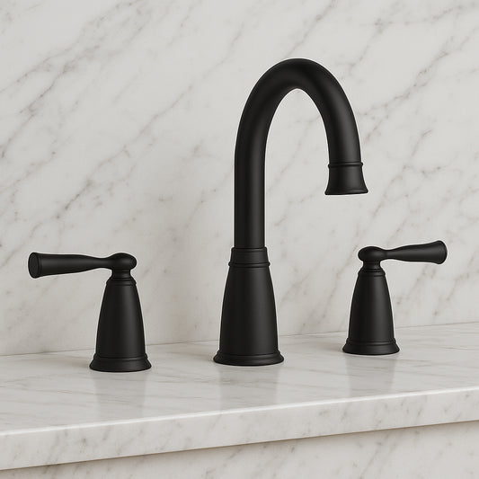 Banbury 8 in. Widespread Double-Handle High-Arc Bathroom Faucet with Drain Kit and Valve Included in Matte Black