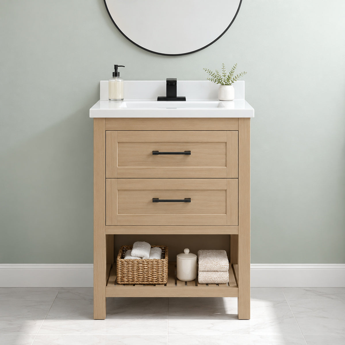 Home Decorators Collection Autumn 24 in Single Sink Freestanding Weathered Tan Bath Vanity with White Engineered Stone Top Assembled Autumn 24WT