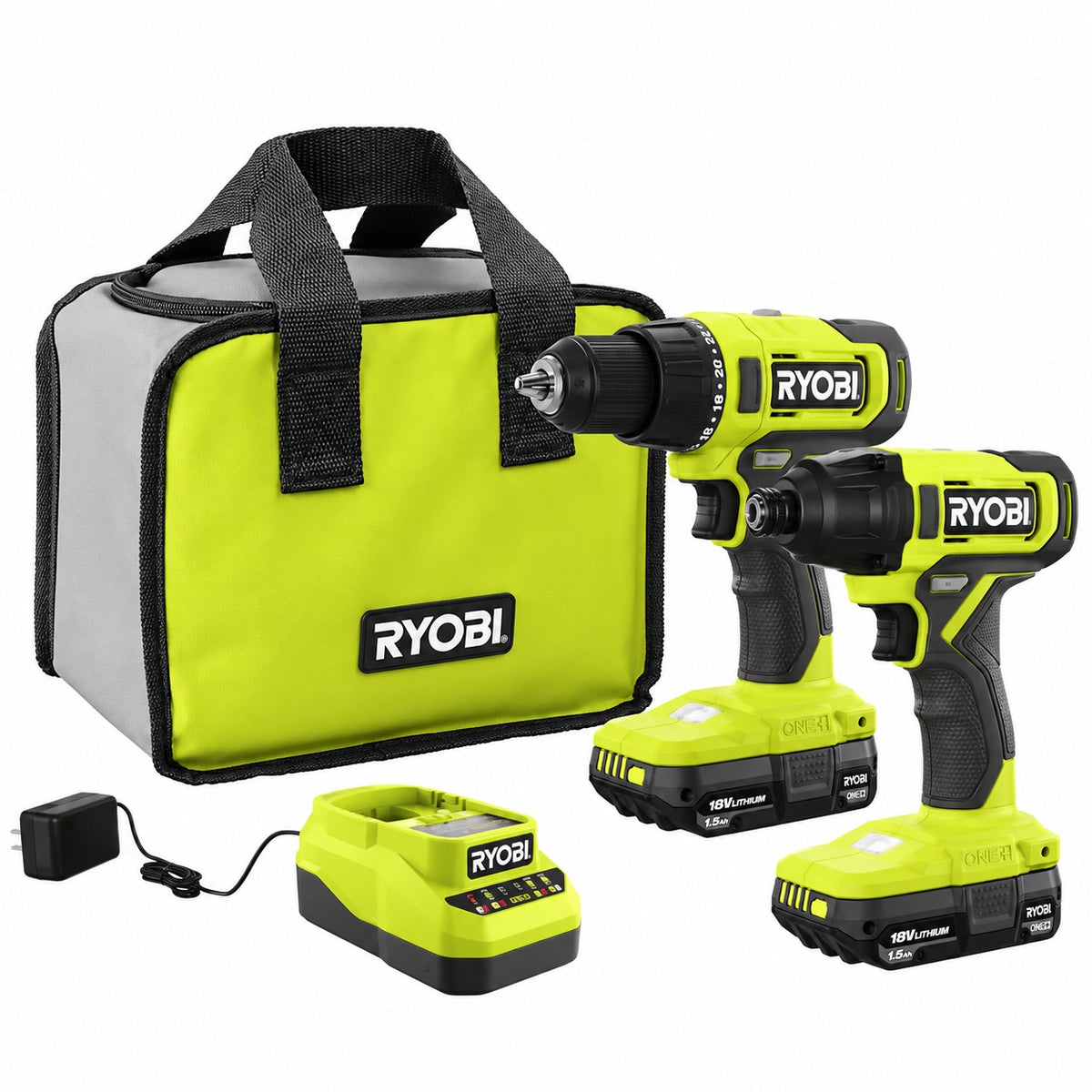 RYOBI ONE 18V Cordless 2 Tool Combo Kit with Drill Driver Impact Driver 2 Compact Batteries and Charger PCL1200K2