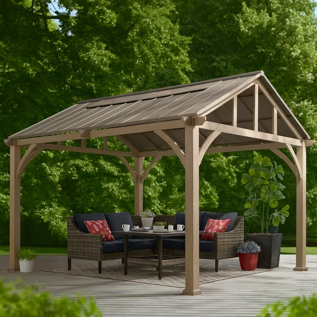 Hampton Bay Lindmoore 11 ft. x 13 ft. Taupe Pitched Roof Hard Top Gazebo