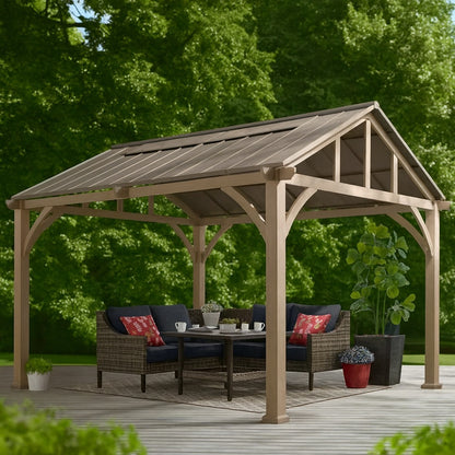 Hampton Bay Lindmoore 11 ft. x 13 ft. Taupe Pitched Roof Hard Top Gazebo