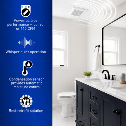 Panasonic WhisperFit DC Condensation Sensor Pick A Flow 50 80 110 CFM ENERGY STAR Quiet EZ Install Ceiling Bathroom Exhaust Fan