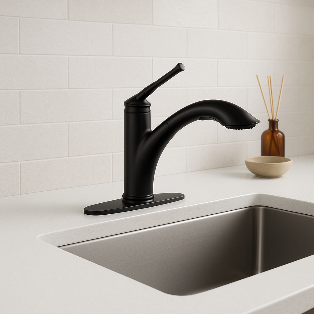Hemming Single Handle Pull Out Sprayer Kitchen Faucet Deckplate Included in Matte Black HDQFP3C0001BL