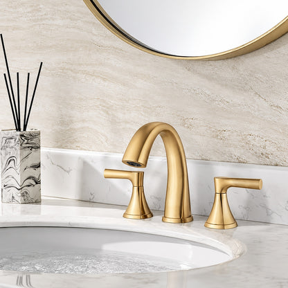 Magic Home 8 in Widespread 3 Hole Double Handle Bathroom Sink Faucet with Drain in Brushed Gold MS B0312 BG