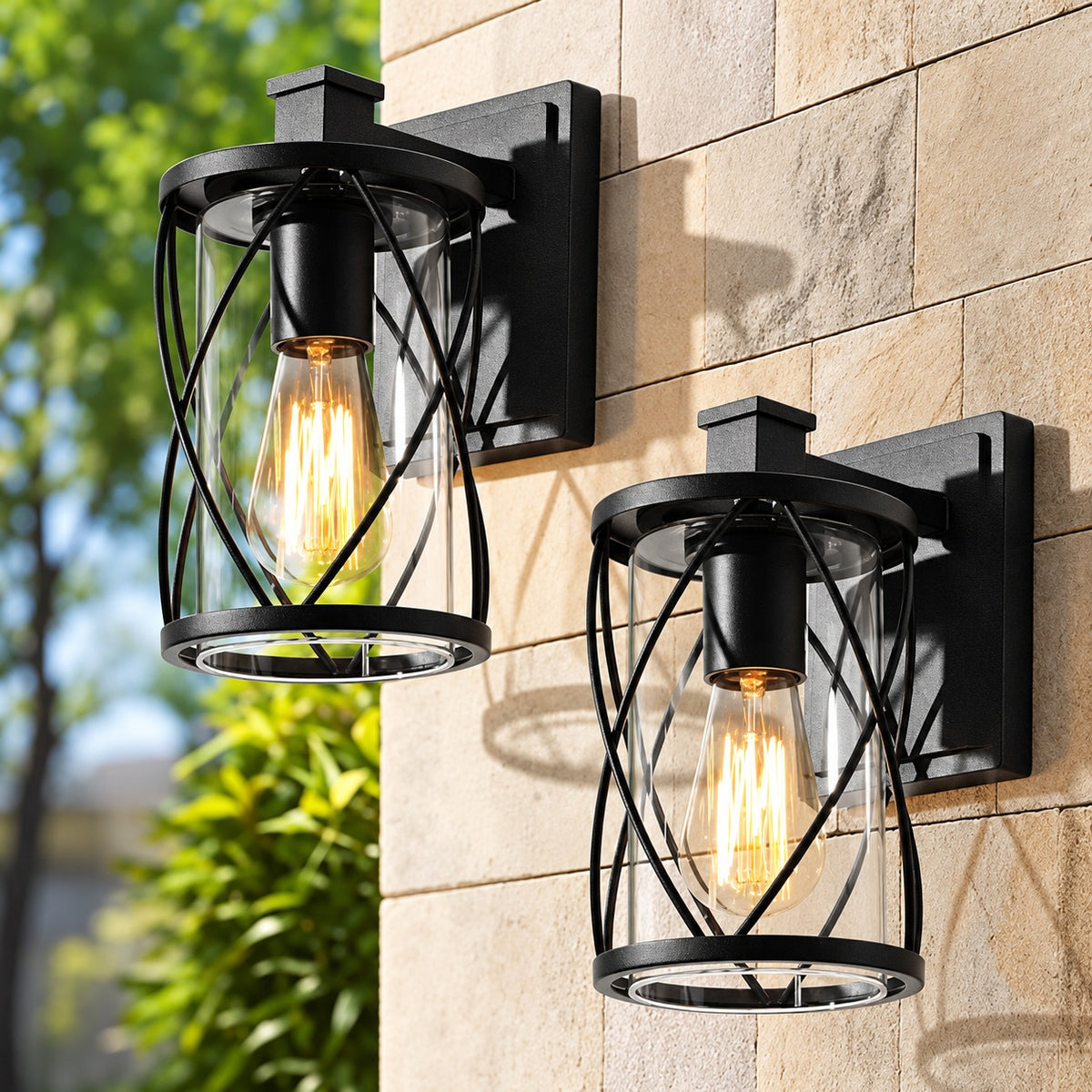 Uolfin Farmhouse Outdoor Porch Wall Light 1 Light Craftsman Black Patio Wall Lantern Sconce with Clear Glass Shade 2 Packs
