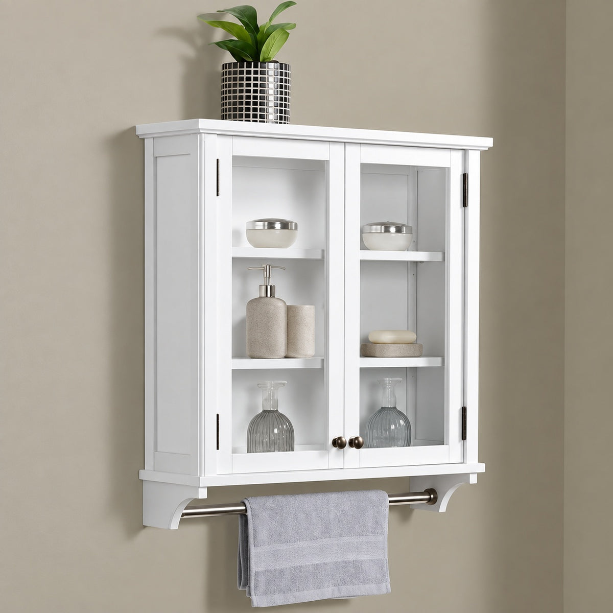 Alaterre Furniture Dorset Bath 27 in W x 8 in D x 29 in H White Pine Wall Mounted Bath Storage Cabinet with Towel Rod