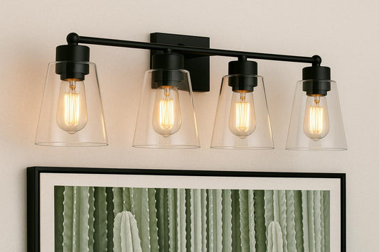 Uolfin Modern Bell Bathroom vanity Light Firefly 29 in. 4-Light Matte Black Cylinder Wall Sconce Light with Clear Glass Shade