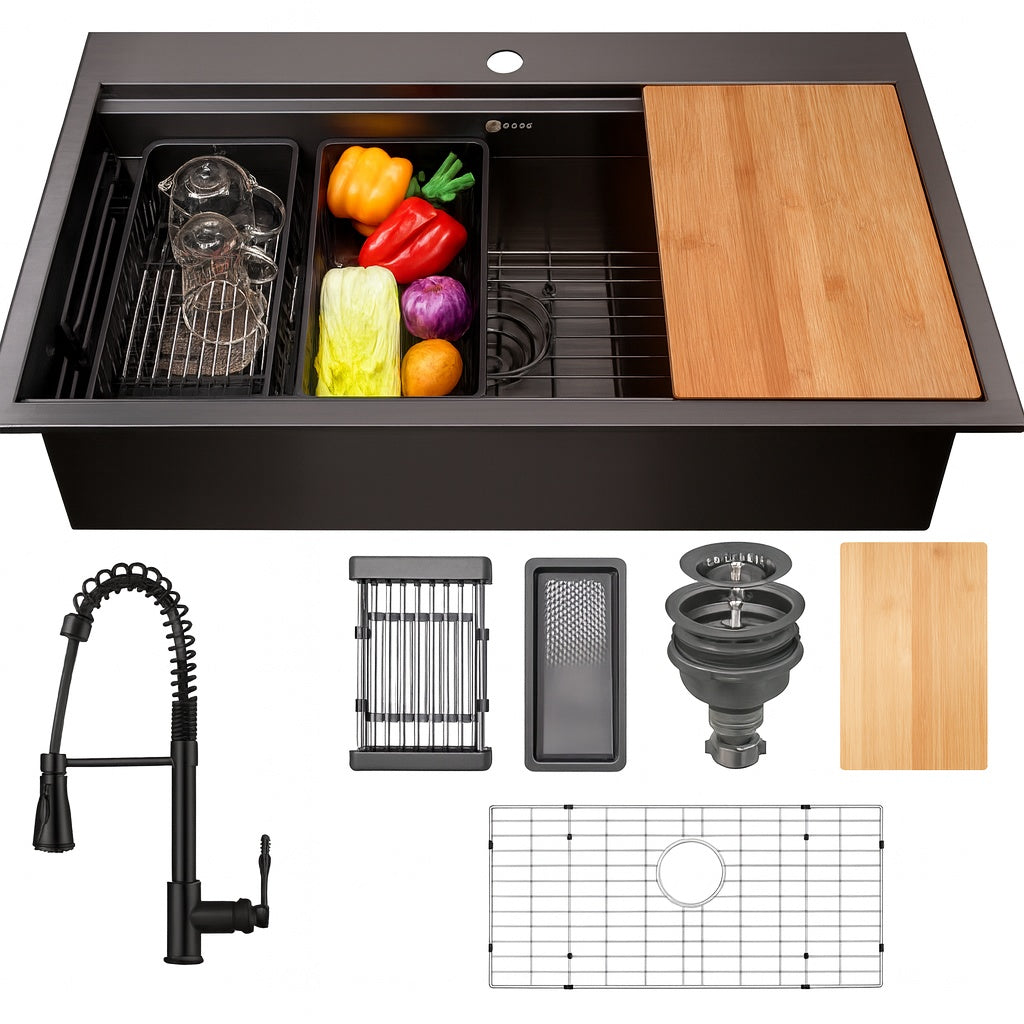AKDY All in One Gunmetal Matte Black Finish Stainless Steel 33 in Double Bowl Drop In Kitchen Sink with Kitchen Faucet