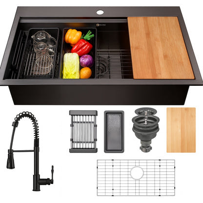 AKDY All in One Gunmetal Matte Black Finish Stainless Steel 33 in Double Bowl Drop In Kitchen Sink with Kitchen Faucet