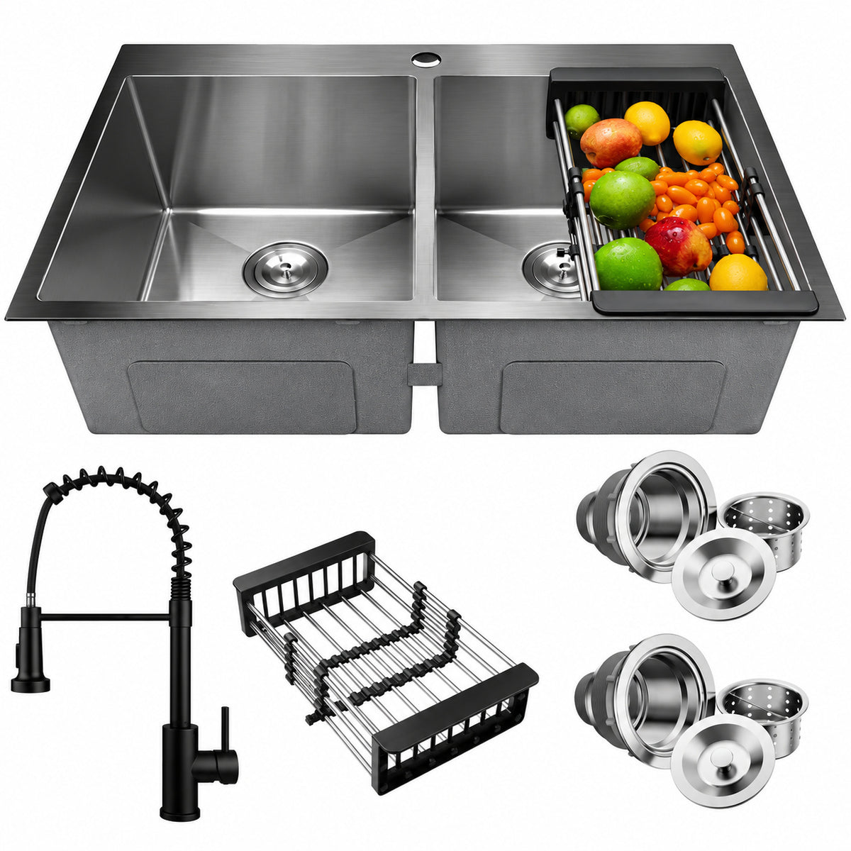 AKDY All in One Gunmetal Matte Black Finish Stainless Steel 33 in Double Bowl Drop In Kitchen Sink with Kitchen Faucet KS0533 KF12