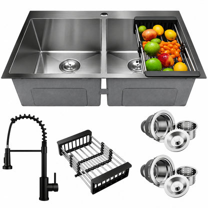 AKDY All in One Gunmetal Matte Black Finish Stainless Steel 33 in Double Bowl Drop In Kitchen Sink with Kitchen Faucet KS0533 KF12