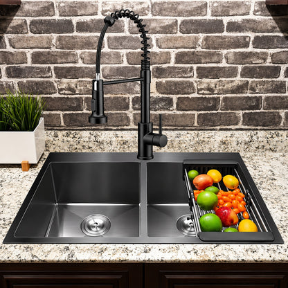 AKDY All in One Gunmetal Matte Black Finish Stainless Steel 33 in Double Bowl Drop In Kitchen Sink with Kitchen Faucet KS0533 KF12