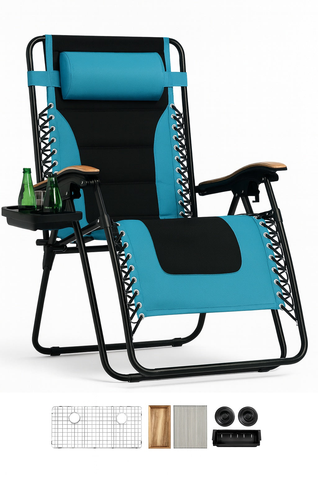 PHI VILLA Black and Aqua Metal Oversized Padded Folding Zero Gravity Chair with Cup Holder Outdoor Patio Adjustable Recliner