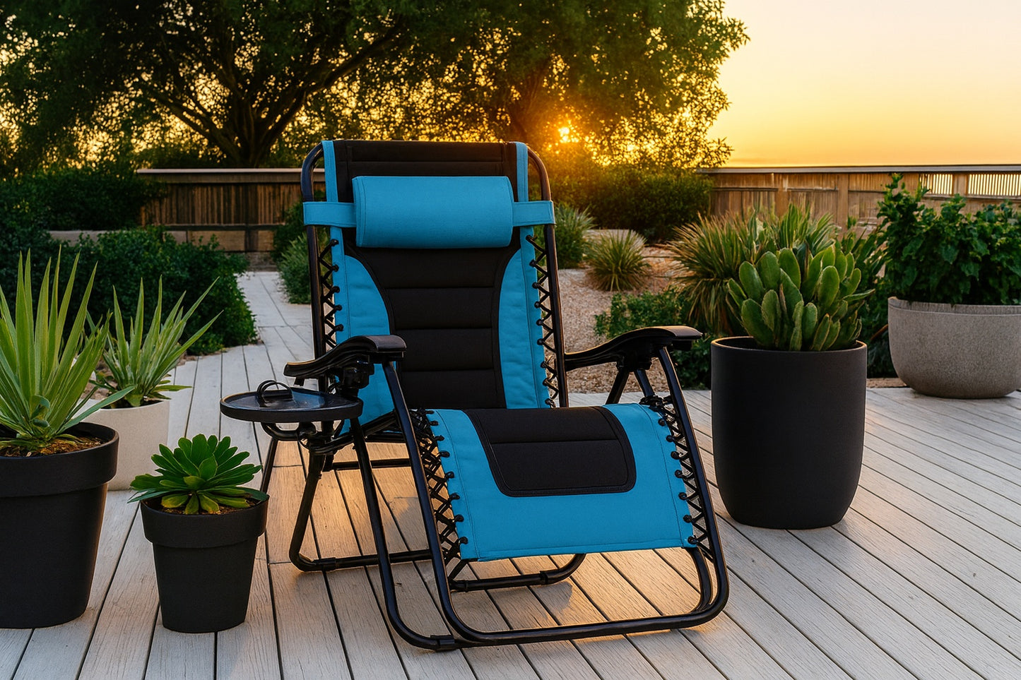 PHI VILLA Black and Aqua Metal Oversized Padded Folding Zero Gravity Chair with Cup Holder Outdoor Patio Adjustable Recliner