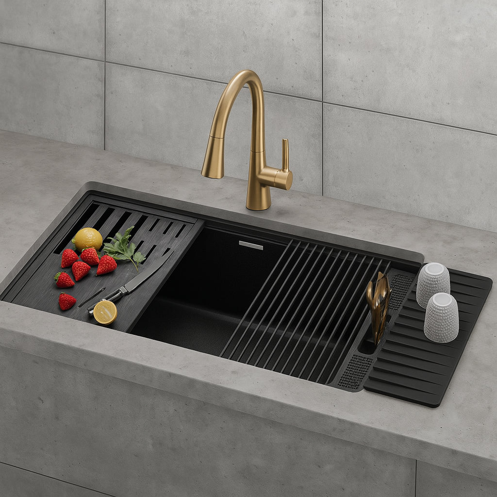 Everest Black Granite Composite 32 in. Single Bowl Undermount Kitchen Sink with Accessories