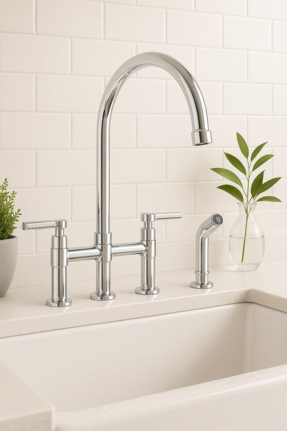 Parma Double Handle Bridge Kitchen Faucet with Side Spray in Polished Chrome D424458