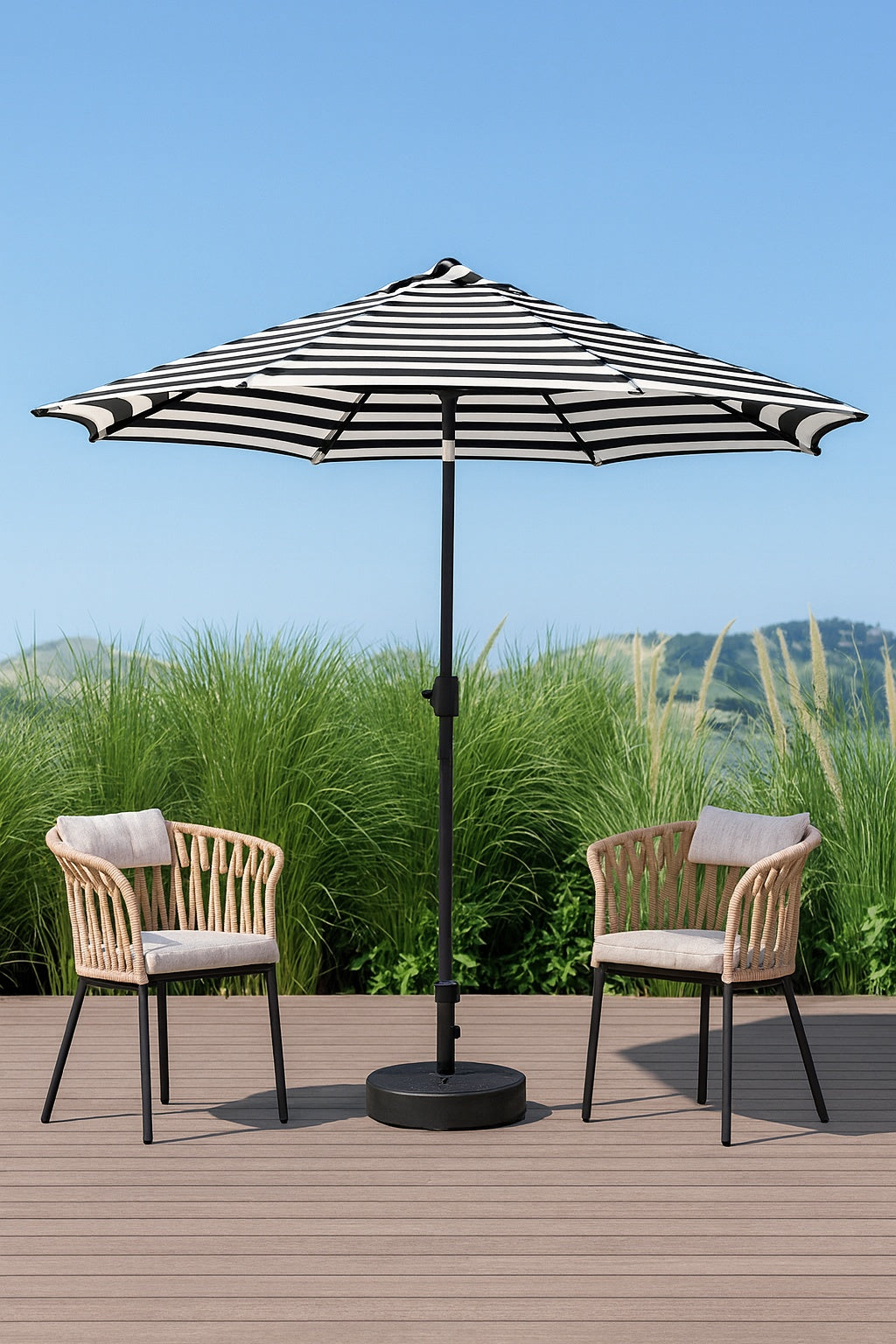 WESTIN OUTDOOR Tristen 9 ft Outdoor Patio Crank and Tilt Market Table Umbrella in Black White Stripe