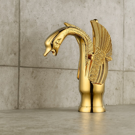Swan Single Hole Single-Handle Bathroom Faucet And Pop Up Drain & Overflow Cover in Gold