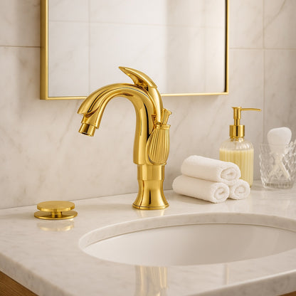 Swan Single Hole Single-Handle Bathroom Faucet And Pop Up Drain & Overflow Cover in Gold