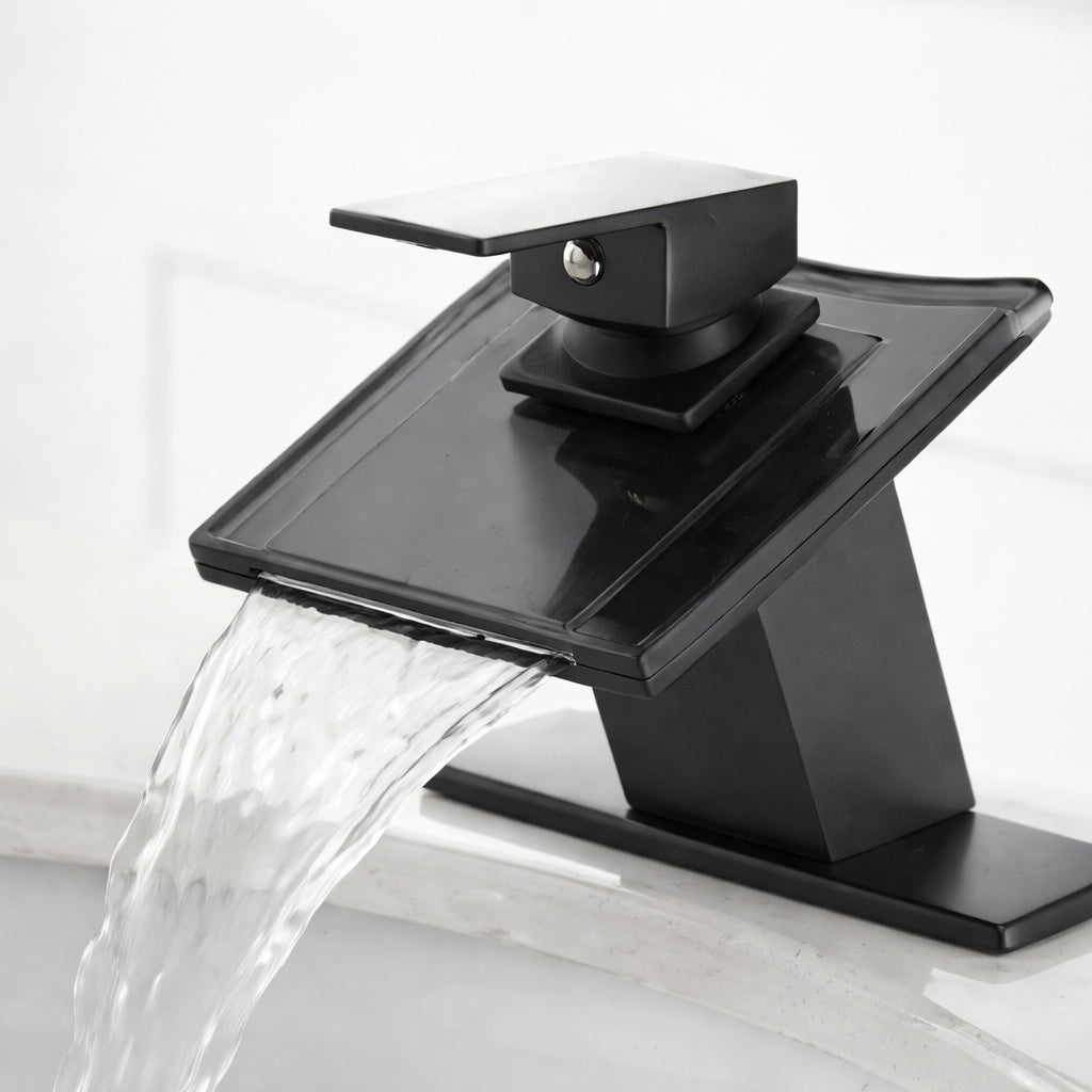 BWE Glass Spout Waterfall Single Hole Single Handle Bathroom Sink Faucet With Pop Up Drain With Overflow In Matte Black