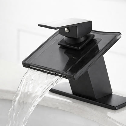 BWE Glass Spout Waterfall Single Hole Single Handle Bathroom Sink Faucet With Pop Up Drain With Overflow In Matte Black