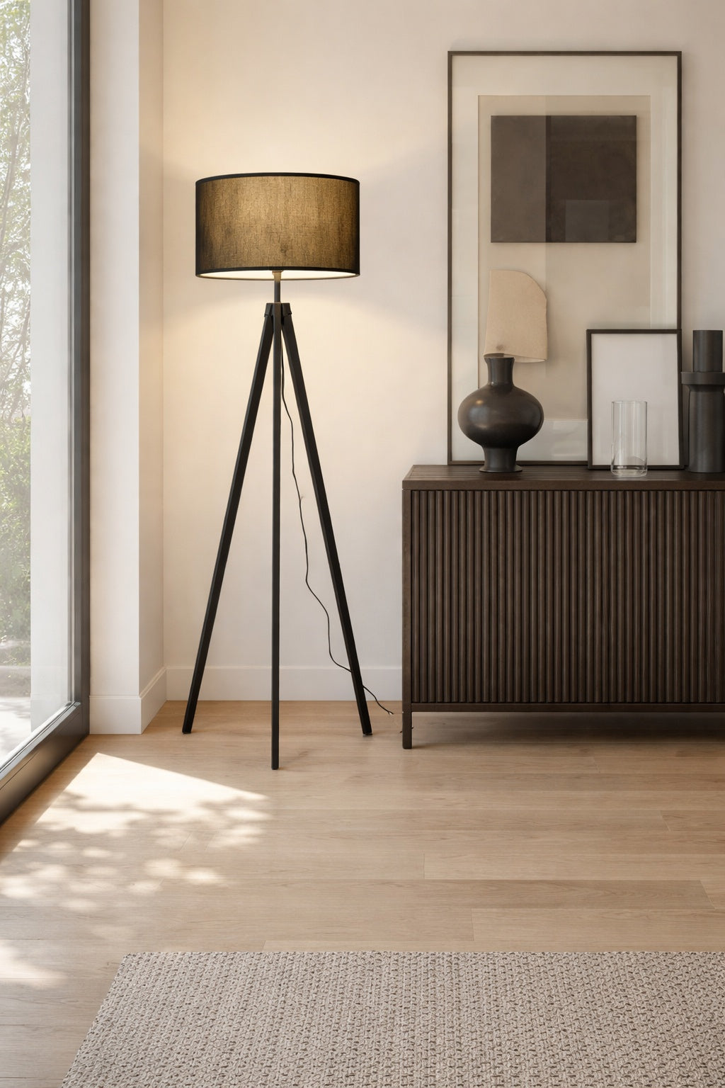 Brightech Eden 58 in Classic Black Traditional 1 Light 3 Way Dimming LED Floor Lamp with Black Fabric Drum Shade