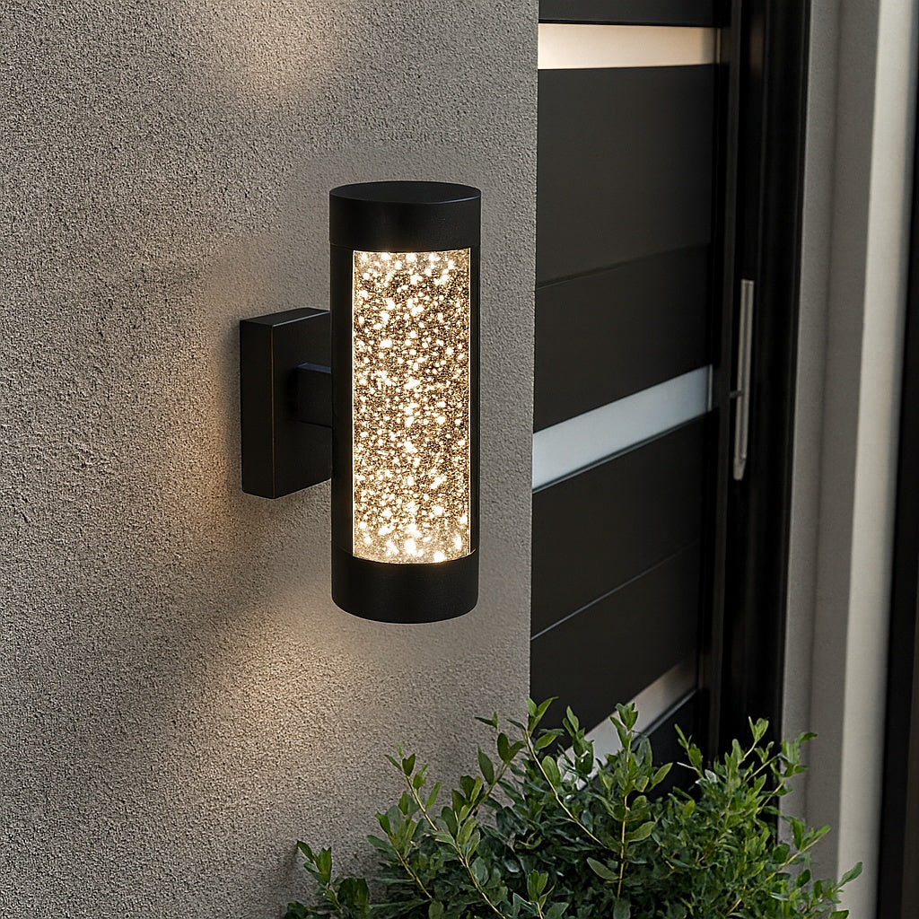 Home Decorators Collection Ansel 11 3 in Black Modern Bubble Glass Integrated LED Hardwired Garage and Porch Exterior Wall Light Cylinder Sconce