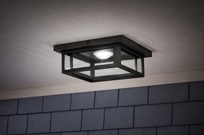 Home Decorators Collection Mauvo Canyon 12 in Black Dusk to Dawn Integrated LED Outdoor Ceiling Light Flush Mount Fixture with Seeded Glass