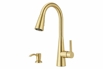 Pfister Barulli Single Handle Pull Down Sprayer Kitchen Faucet with Deckplate Included and Soap Dispenser in Brushed Gold