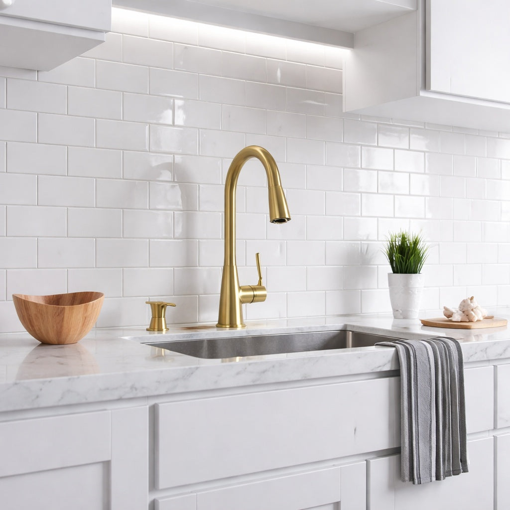 Pfister Barulli Single Handle Pull Down Sprayer Kitchen Faucet with Deckplate Included and Soap Dispenser in Brushed Gold