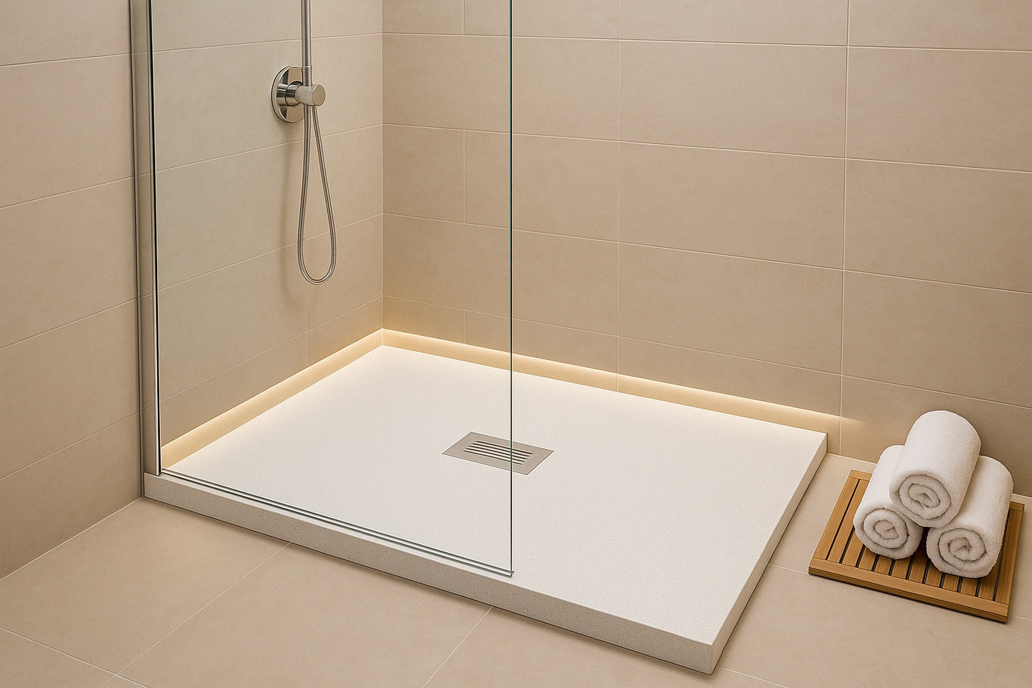 32 in. W x 60 in. L x 1.125 in. H Alcove Solid Composite Stone Shower Pan Base with Center Drain in White Sand