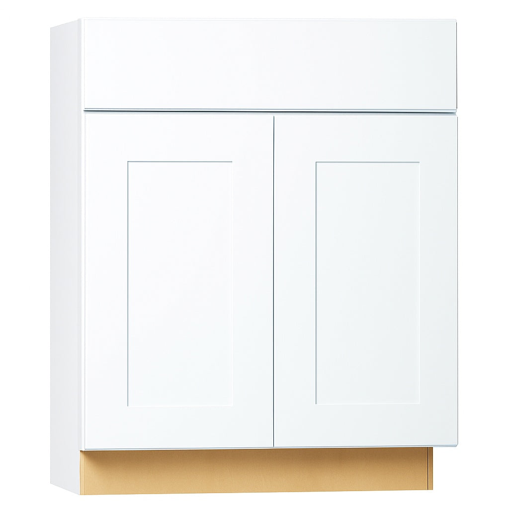 Hampton Bay Shaker 27 in W x 24 in D x 34 5 in H Assembled Base Kitchen Cabinet in Satin White with Ball Bearing Glides