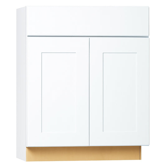 Hampton Bay Shaker 27 in W x 24 in D x 34 5 in H Assembled Base Kitchen Cabinet in Satin White with Ball Bearing Glides