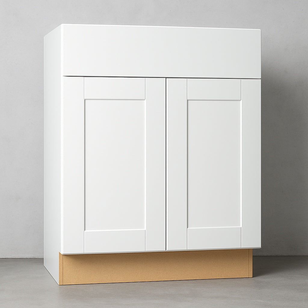 Hampton Bay Shaker 27 in W x 24 in D x 34 5 in H Assembled Base Kitchen Cabinet in Satin White with Ball Bearing Glides
