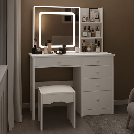FUFU&GAGA 5-Drawers White Wood LED Push-Pull Mirror Makeup Vanity Sets Dressing Table Sets with Stool and 3-Tier Storage Shelves