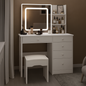 FUFU&GAGA 5-Drawers White Wood LED Push-Pull Mirror Makeup Vanity Sets Dressing Table Sets with Stool and 3-Tier Storage Shelves