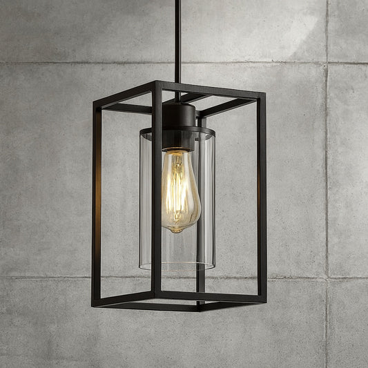 7 in 1 Light Dark Matte Black Kitchen Island Pendant Lighting Rectangle Metal Adjustable Length w Clear Glass Shade H DZ078
