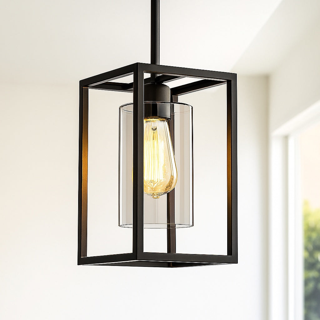 7 in 1 Light Dark Matte Black Kitchen Island Pendant Lighting Rectangle Metal Adjustable Length w Clear Glass Shade H DZ078