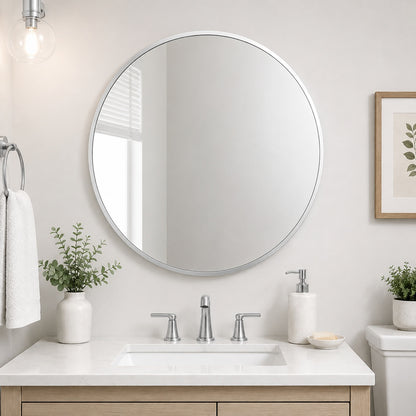 Home Decorators Collection Mona 24 in W x 24 in H Round Stainless Steel Framed Wall Bathroom Vanity Mirror in Brushed Nickel