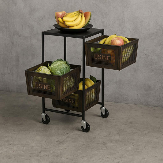 Tileon 3-Tier Rolling Metal Kitchen Cart with Baskets â€“ Black
