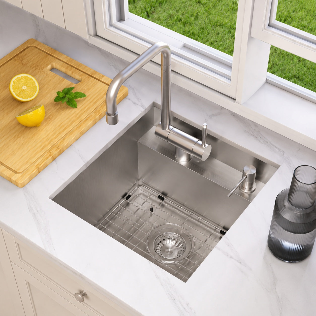 Glacier Bay Zero Radius 17 in Undermount 18G Stainless Steel Single Bowl Workstation Bar Sink with Stainless Steel Fauce