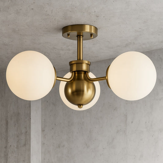 Y Olivier 23.5 in. 3 Light Brass Gold Bohemian Farmhouse Iron/Frosted Glass LED Semi Flush Mount, White JYL7600A