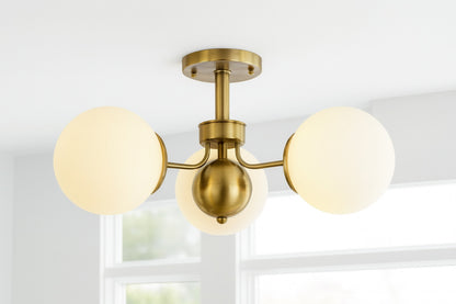 Y Olivier 23.5 in. 3 Light Brass Gold Bohemian Farmhouse Iron/Frosted Glass LED Semi Flush Mount, White JYL7600A