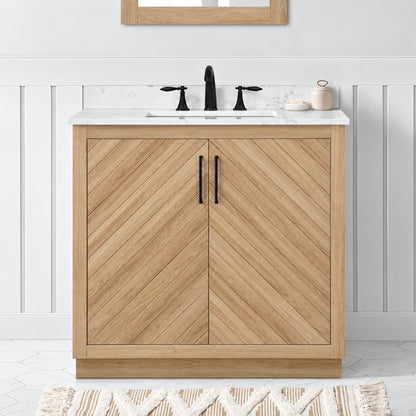 Glacier Bay Huckleberry 36 in Single Sink Freestanding Weathered Tan Bath Vanity with White Engineered Marble Top Assembled