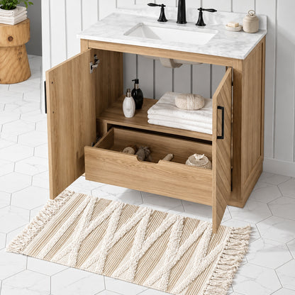 Glacier Bay Huckleberry 36 in Single Sink Freestanding Weathered Tan Bath Vanity with White Engineered Marble Top Assembled