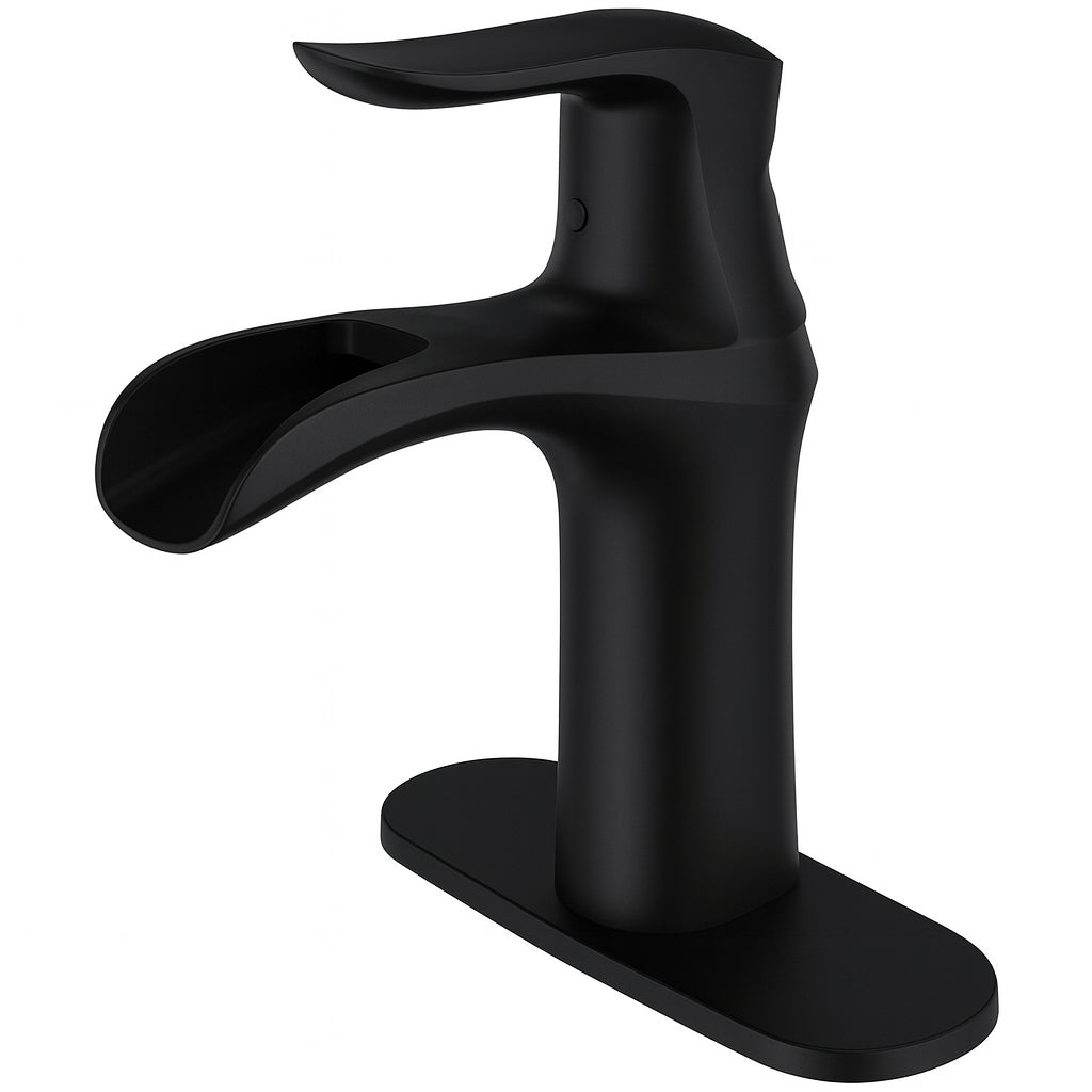 BWE Waterfall Single Hole Single-Handle Low-Arc Bathroom Faucet With Deck Plate in Matte Black